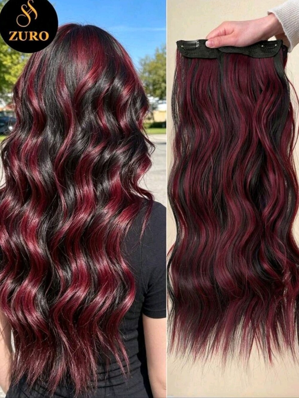 Burgundy Black Wavy Clip-In Hair Extensions - Burgundy & Black